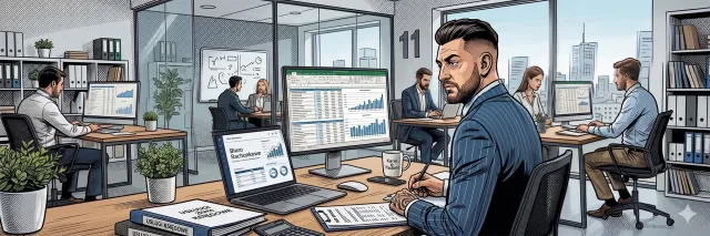 Účetní u stolu v účetní kanceláři JUGOMA ve Wejherowě — finanční reporty na monitorech
